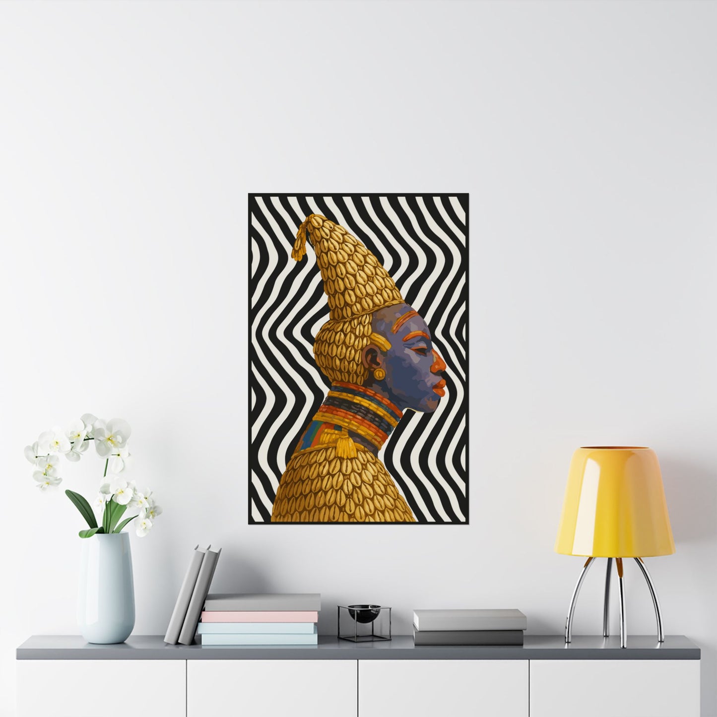 a vibrant, colorful portrait of a woman with a striking yellow headdress, displayed on a wall above a shelf with various decorative items.