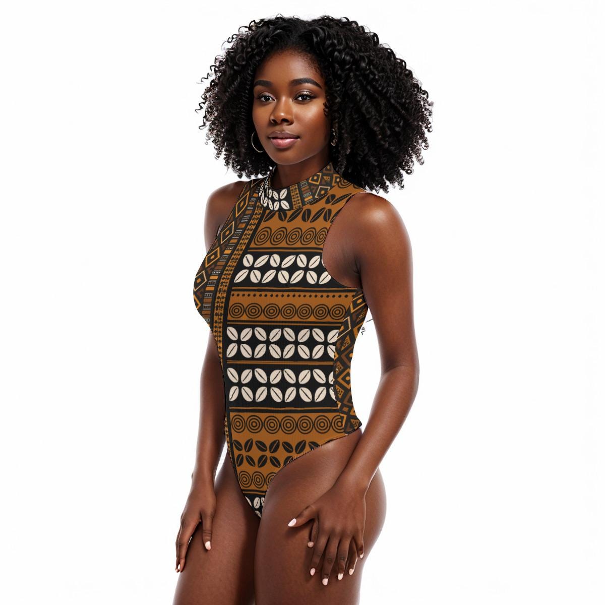 Mudcloth & Cowries Sleeveless Bodysuit, Stretchy Ribbed Lightweight Fabric