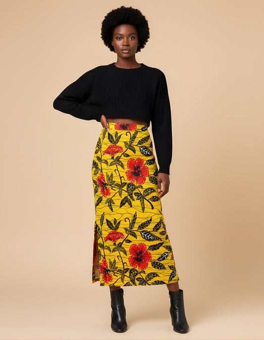 Yellow Floral Ankara Maxi Skirt: African Print Side Slit