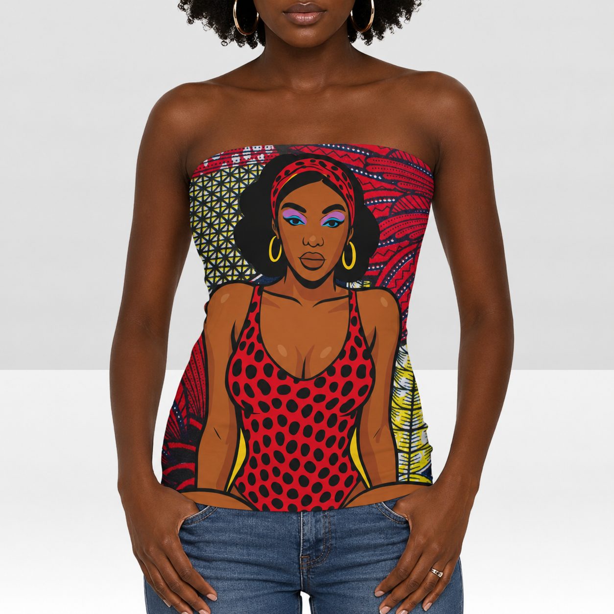 A woman wearing a red and black polka dot swimsuit top with a colorful, abstract pattern.