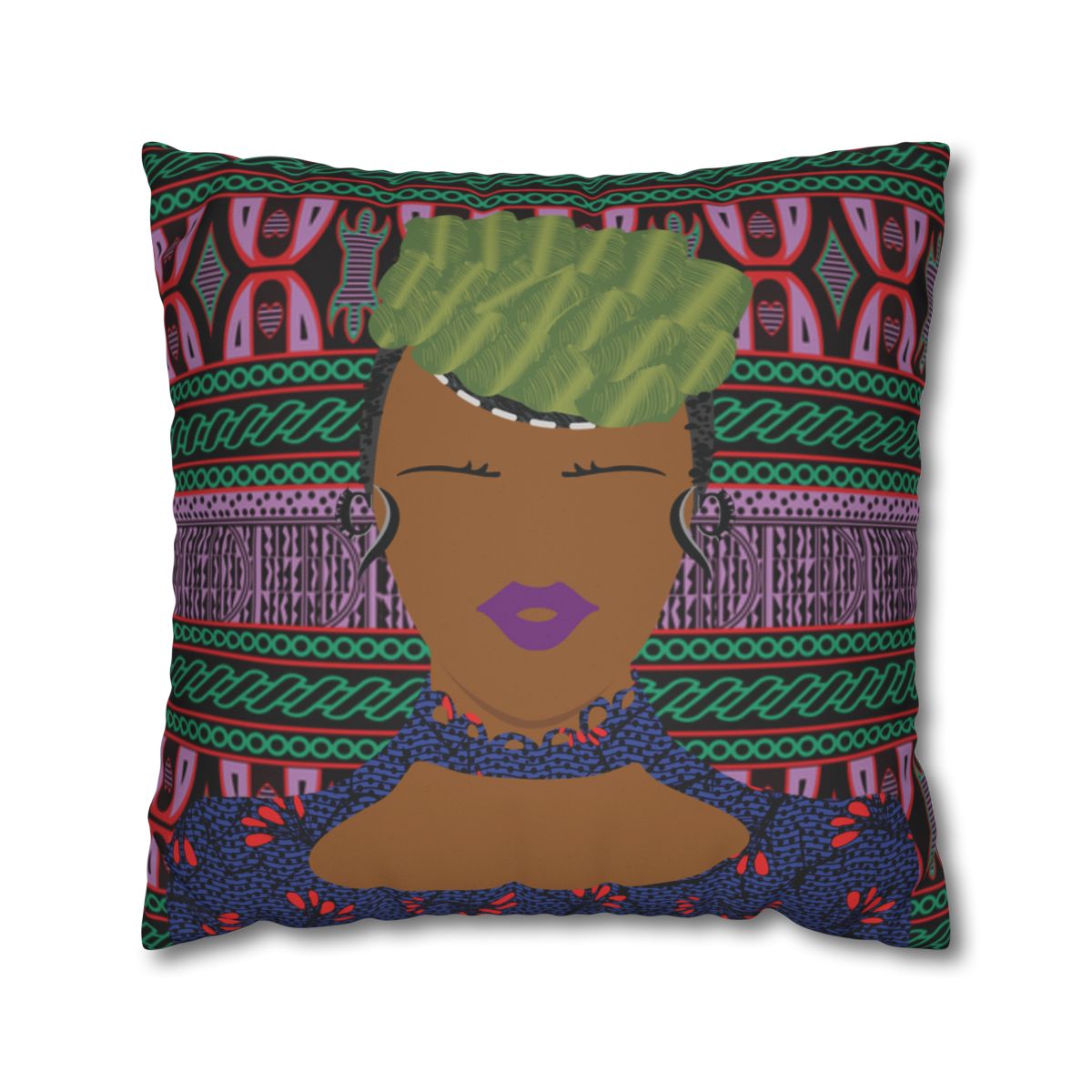 a stylized illustration of a woman with a green headpiece, set against a colorful, patterned background.