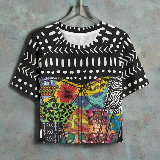 Ankara Mudcloth Quilt Crop Top: Women's Raglan Sleeve Shirt, Ready to Ship