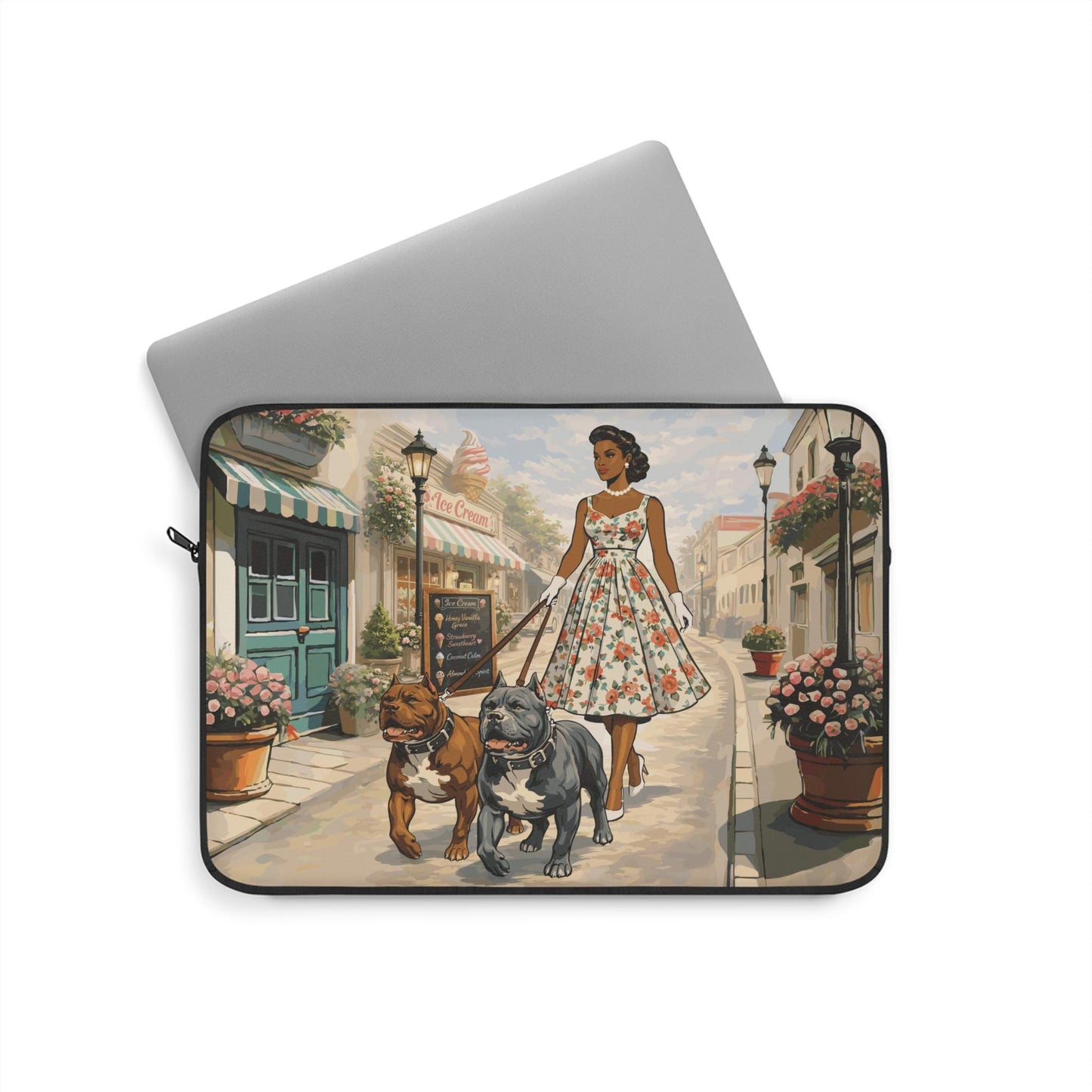 A woman in a floral dress is walking two dogs down a street lined with potted plants and flowers.