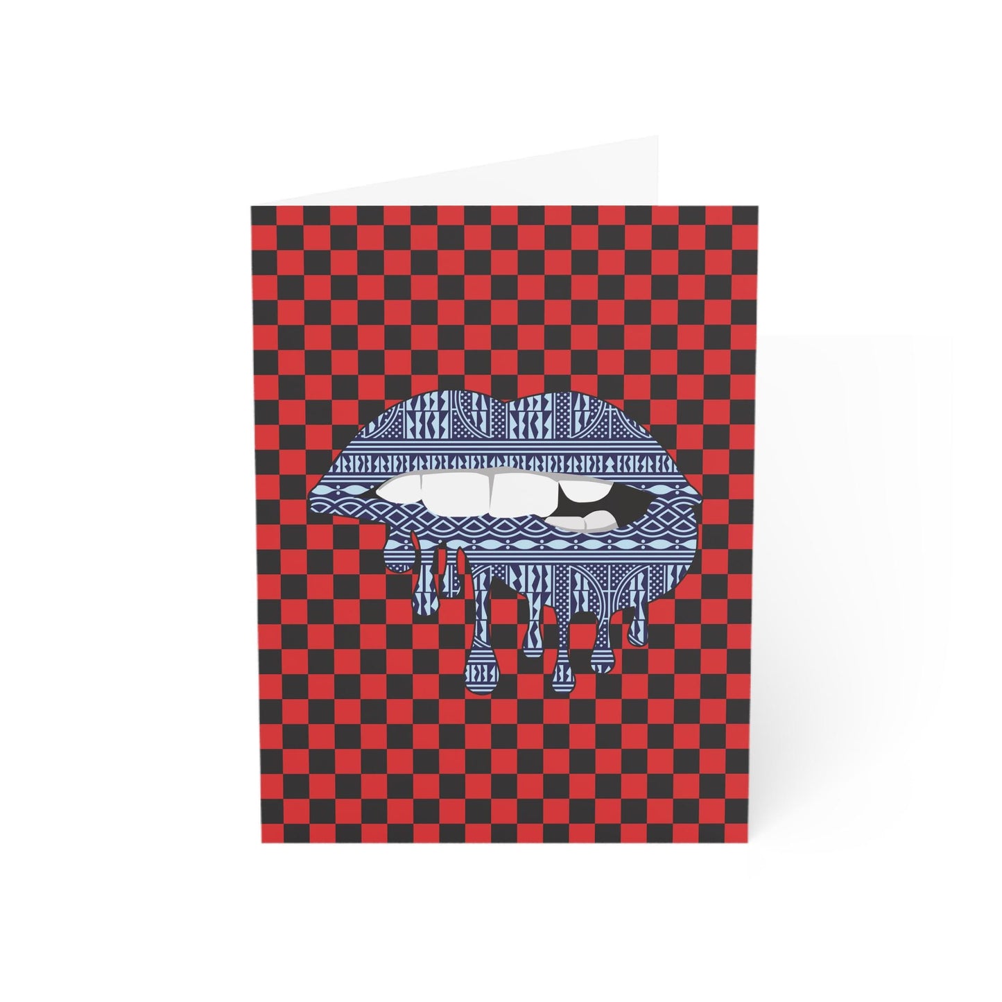 Blue Ndop Lips on Red Checkers Greeting Cards (1, 10pcs)