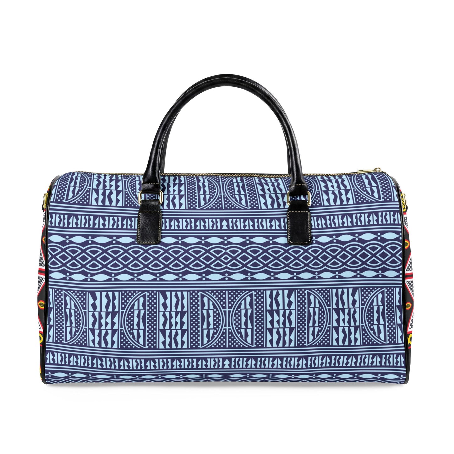 NEW Vegan Leather Travel Bag, Blue Ndop with Yellow Toghu Sides print
