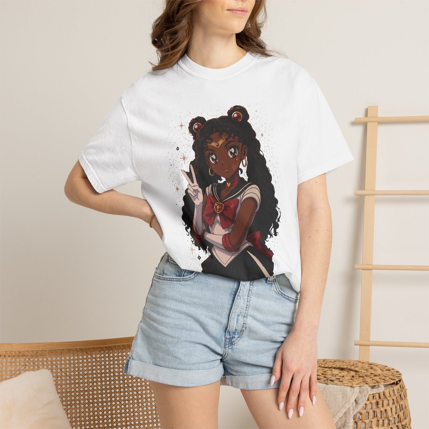 Melanin Magic Anime Tee, Black Anime Girl Shirt, Afro Magical Girl Tee, African Streetwear Graphic, Unisex Garment-Dyed T-Shirt