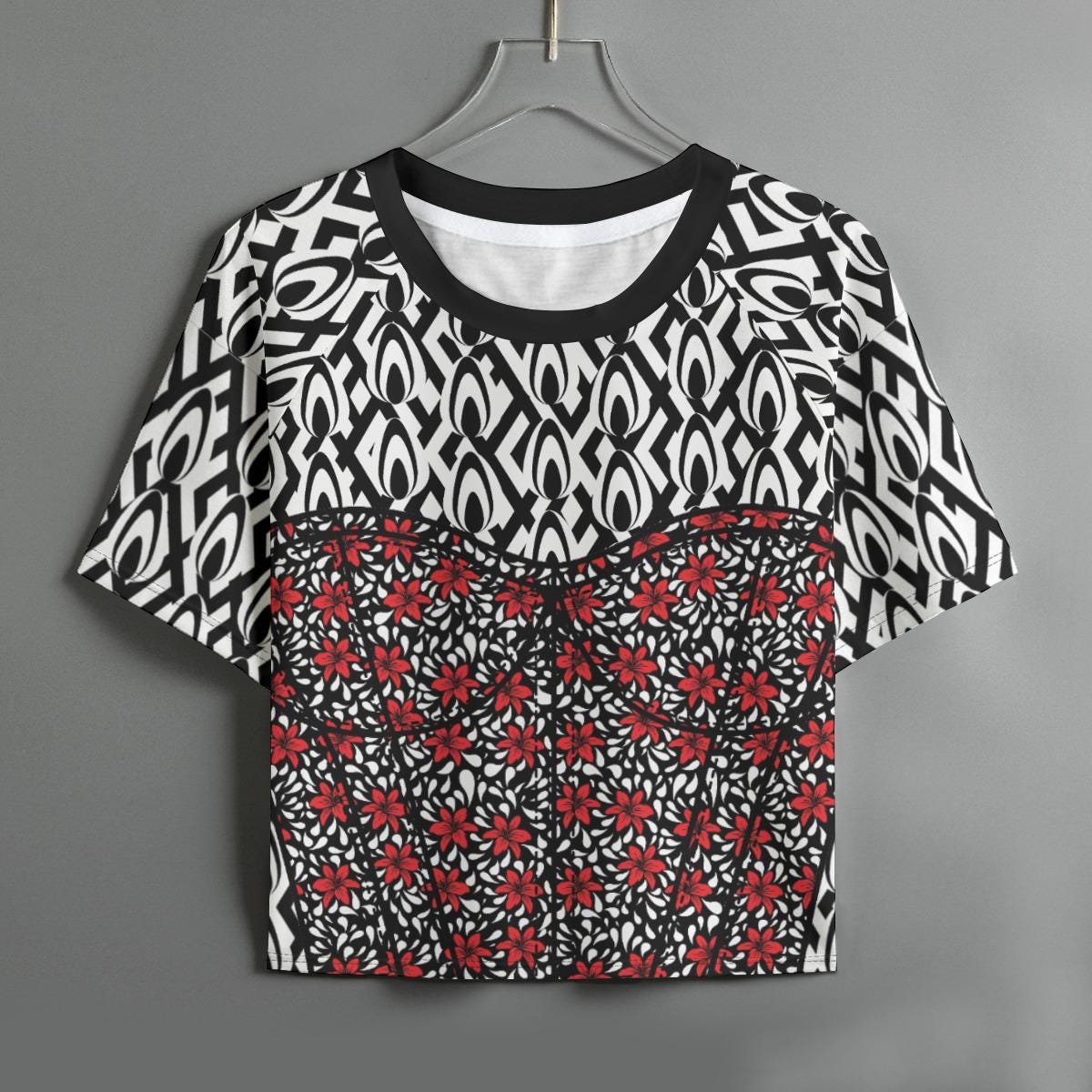 Floral Ankara Crop Top: Red, White & Black Raglan Shirt