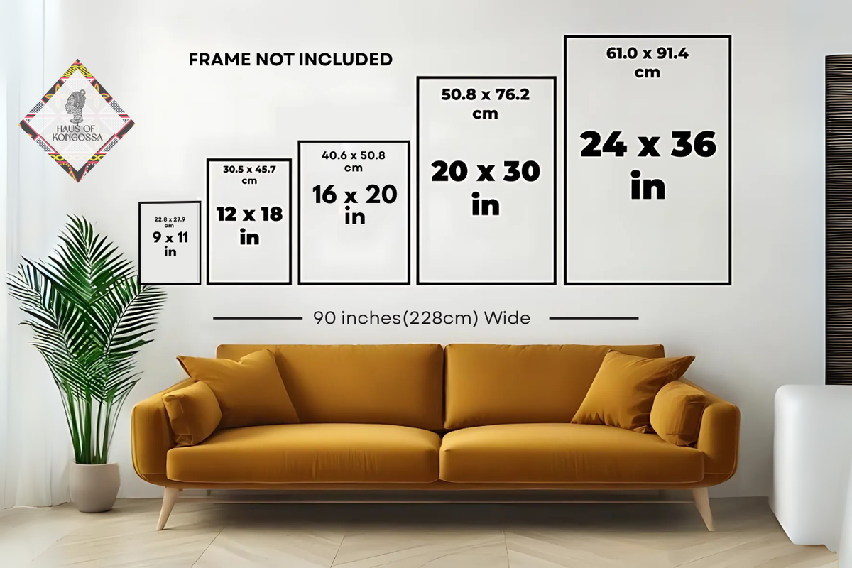 a living room with a large, yellow sofa and a potted plant. Above the sofa, there are four framed size comparisons indicating the dimensions of the frames in inches. The largest frame is labeled "90 Inches (28cm)" and the smallest frame is labeled "60 Inches (91cm)."