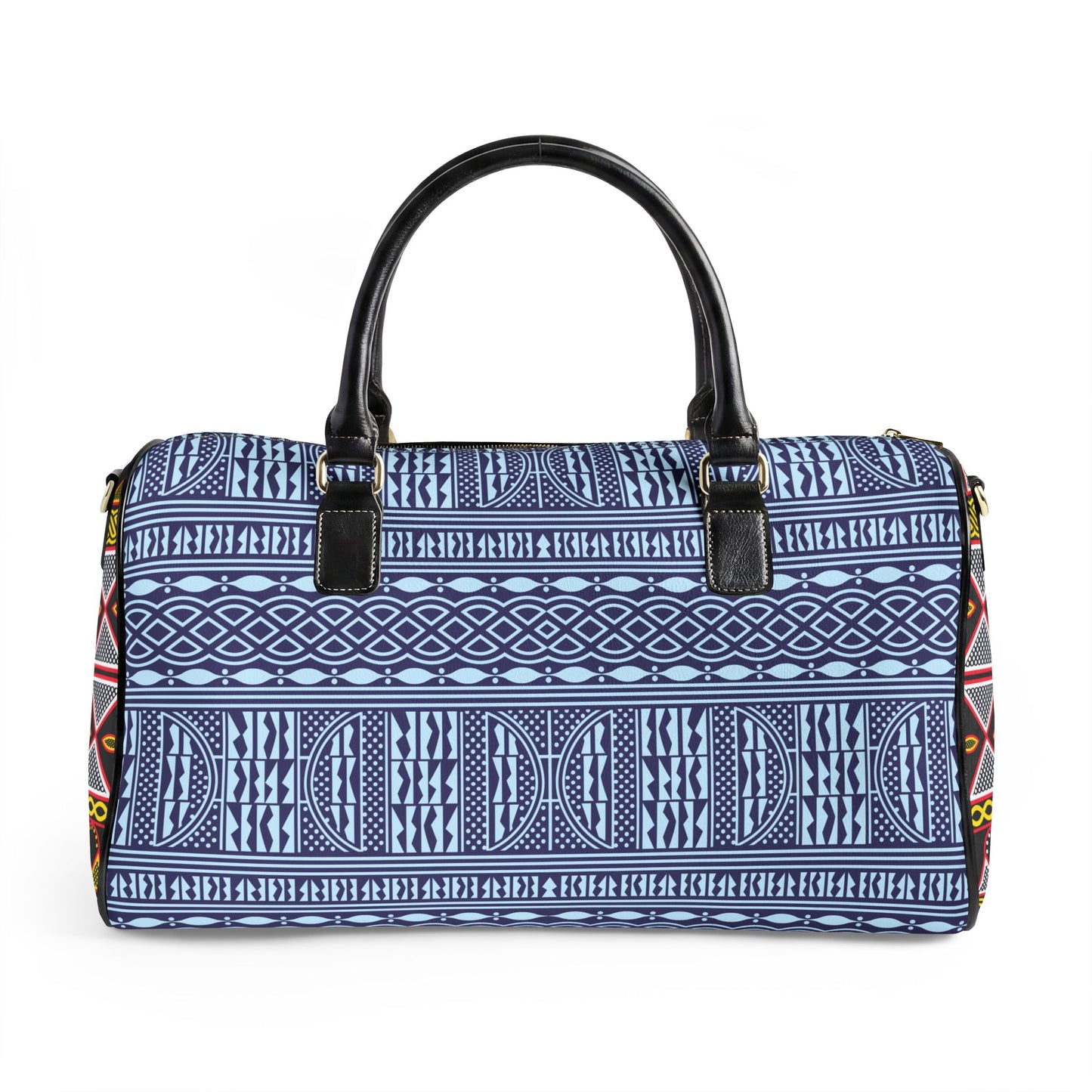 NEW Vegan Leather Travel Bag, Blue Ndop with Yellow Toghu Sides print