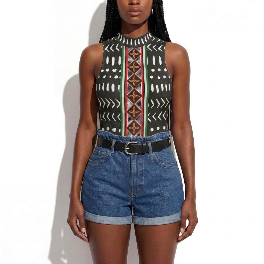 Striped Toghu and Mudcloth Print Bodysuit – African Cameroon Sleeveless Shirt