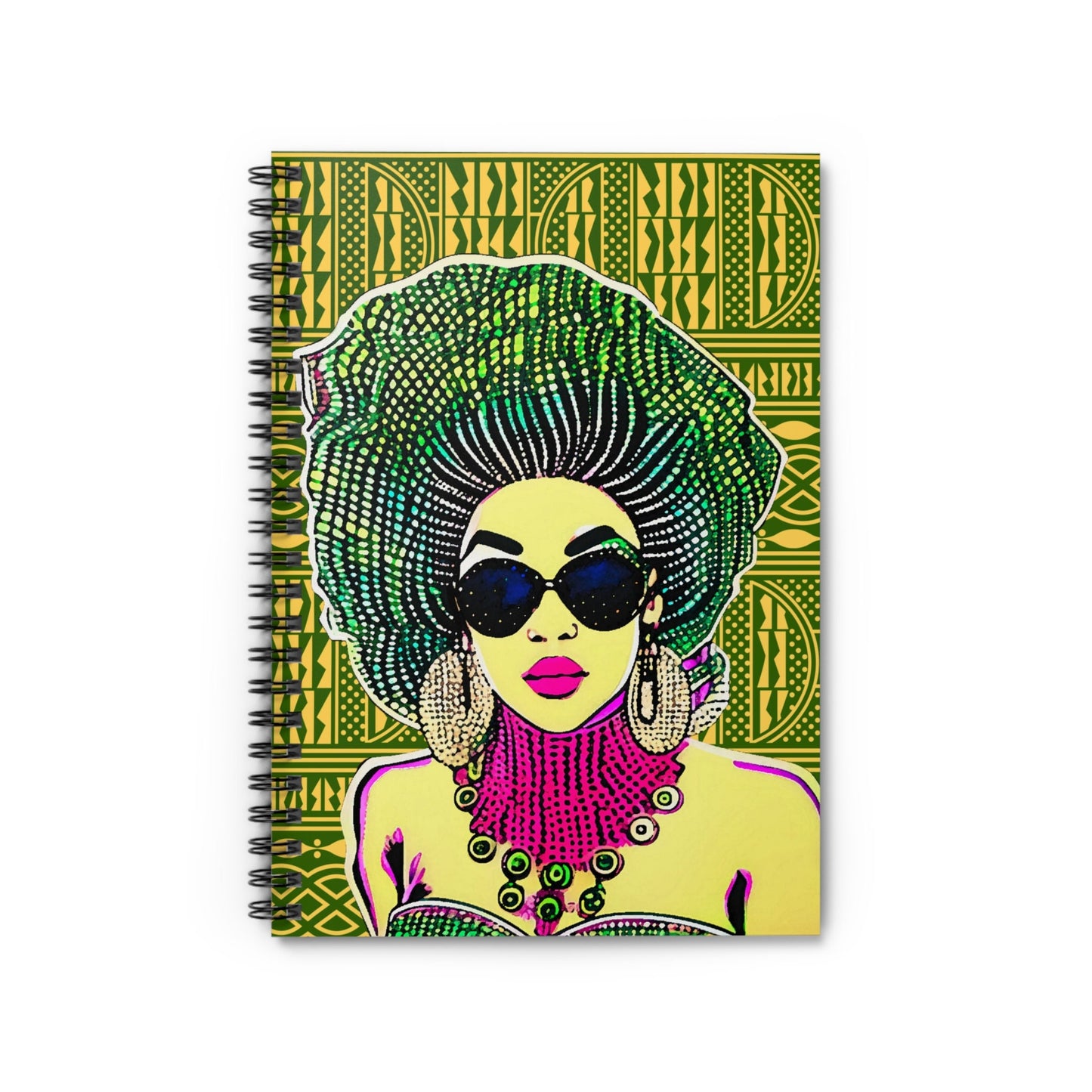 Madame Headtie(Color) - Yellow Ndop backdrop Spiral Notebook, Front Cover Print - Ruled Lines