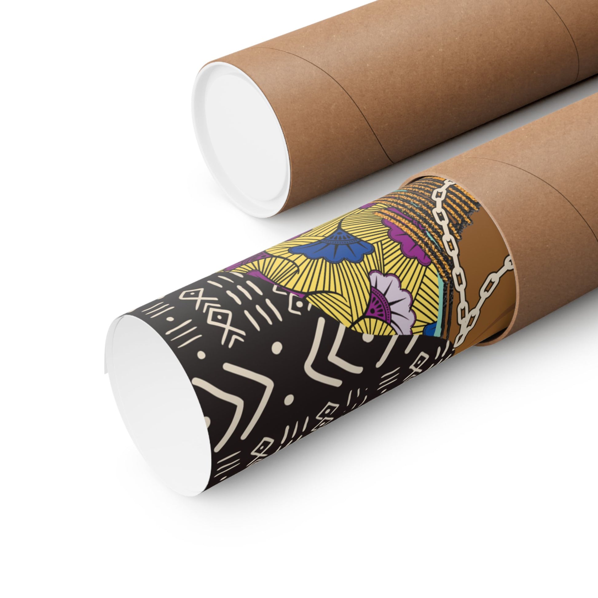 two cardboard tubes with a colorful, abstract design on them.