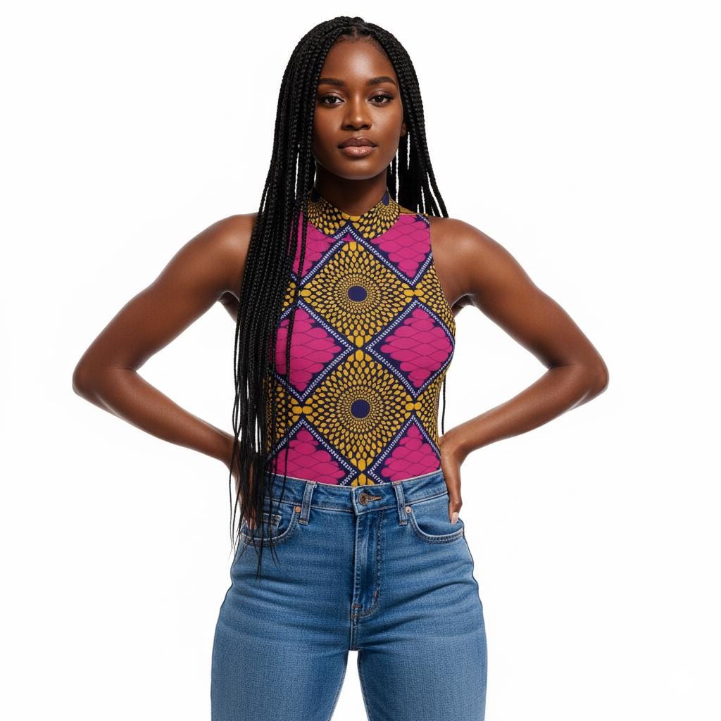 African Pink Ankara Ribbed Stretchy Bodysuit: Sleeveless, Slim Fit with Half-High Collar