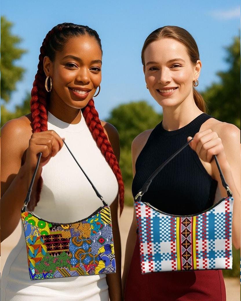 Blue Ankara Plaid Hobo Bag: Two-Sided Mini Shoulder Bag, Ready to Ship