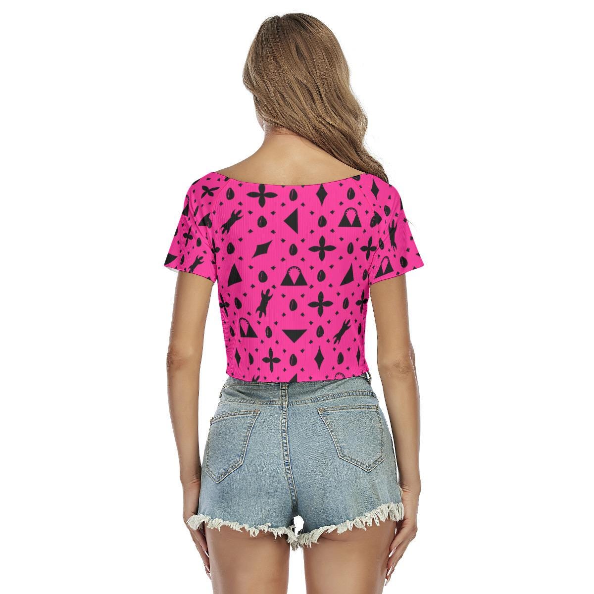 Hot Pink Toghu Print Crop Top: V-Neck Stretchy Festival Shirt