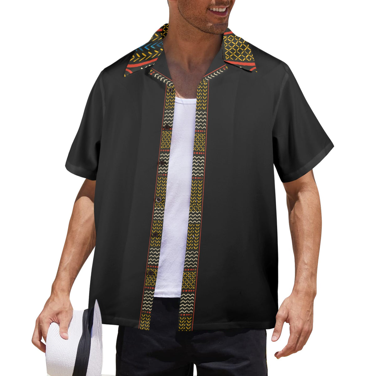 Bamileke Elephant Mask Ntoh Heritage Men's Hawaiian Shirt – African-Inspired Short Sleeve Button-Up