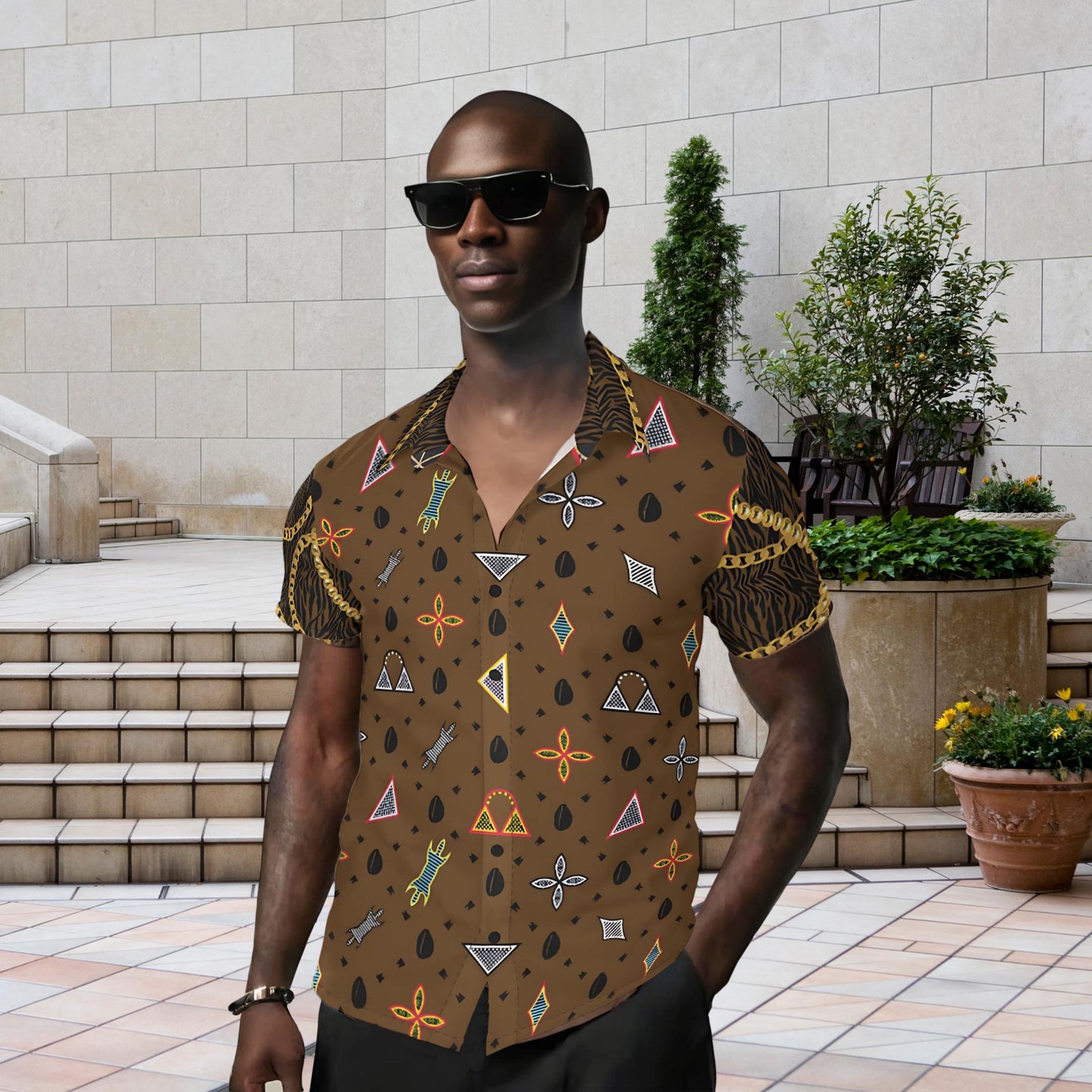 Mens Toghu African Print Button-Up Shirt: Deep Brown Zebra