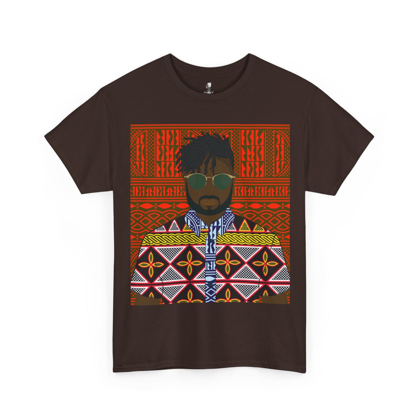 Pascale(Chocolate) in Yellow Toghu on Red Ndop Unisex Heavy Cotton Tee