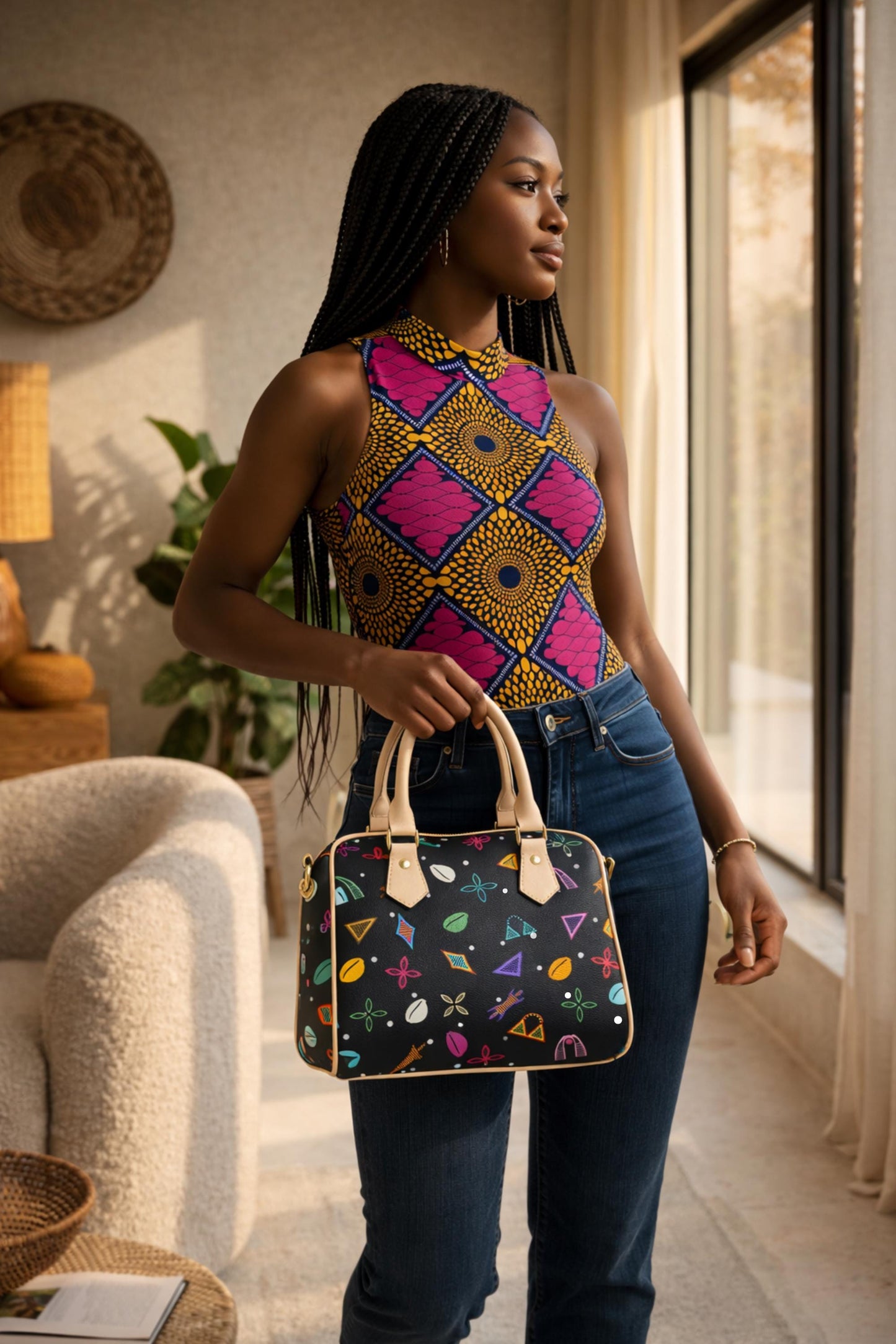African Pink Ankara Ribbed Stretchy Bodysuit: Sleeveless, Slim Fit with Half-High Collar