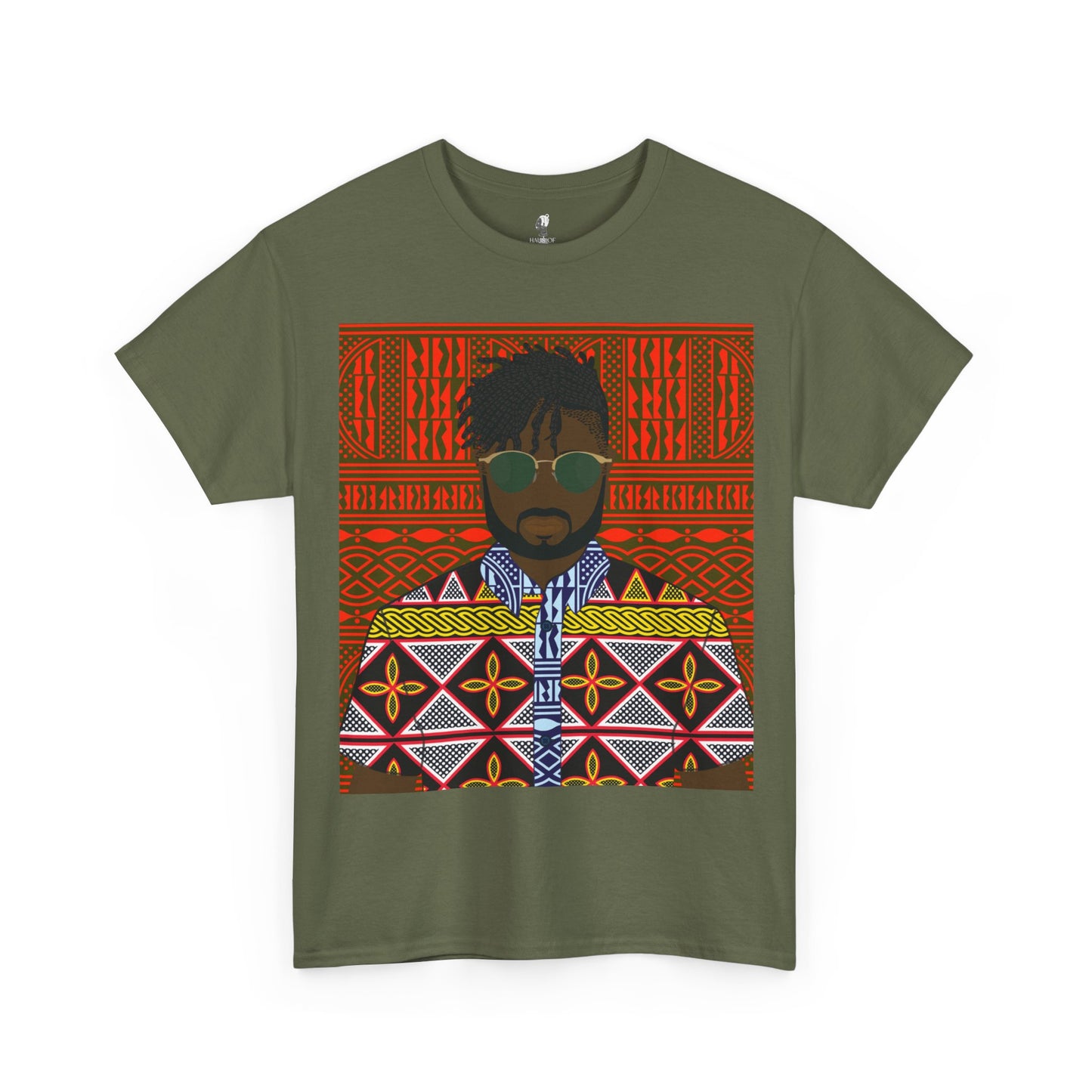 Pascale(Chocolate) in Yellow Toghu on Red Ndop Unisex Heavy Cotton Tee