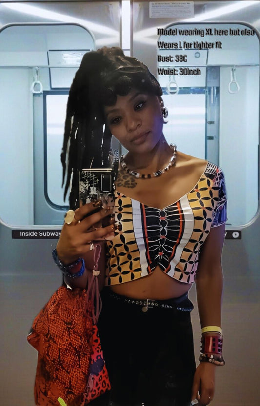 Black & Yellow Toghu Crop Top: Stretchy Festival Fashion, Ready to Ship