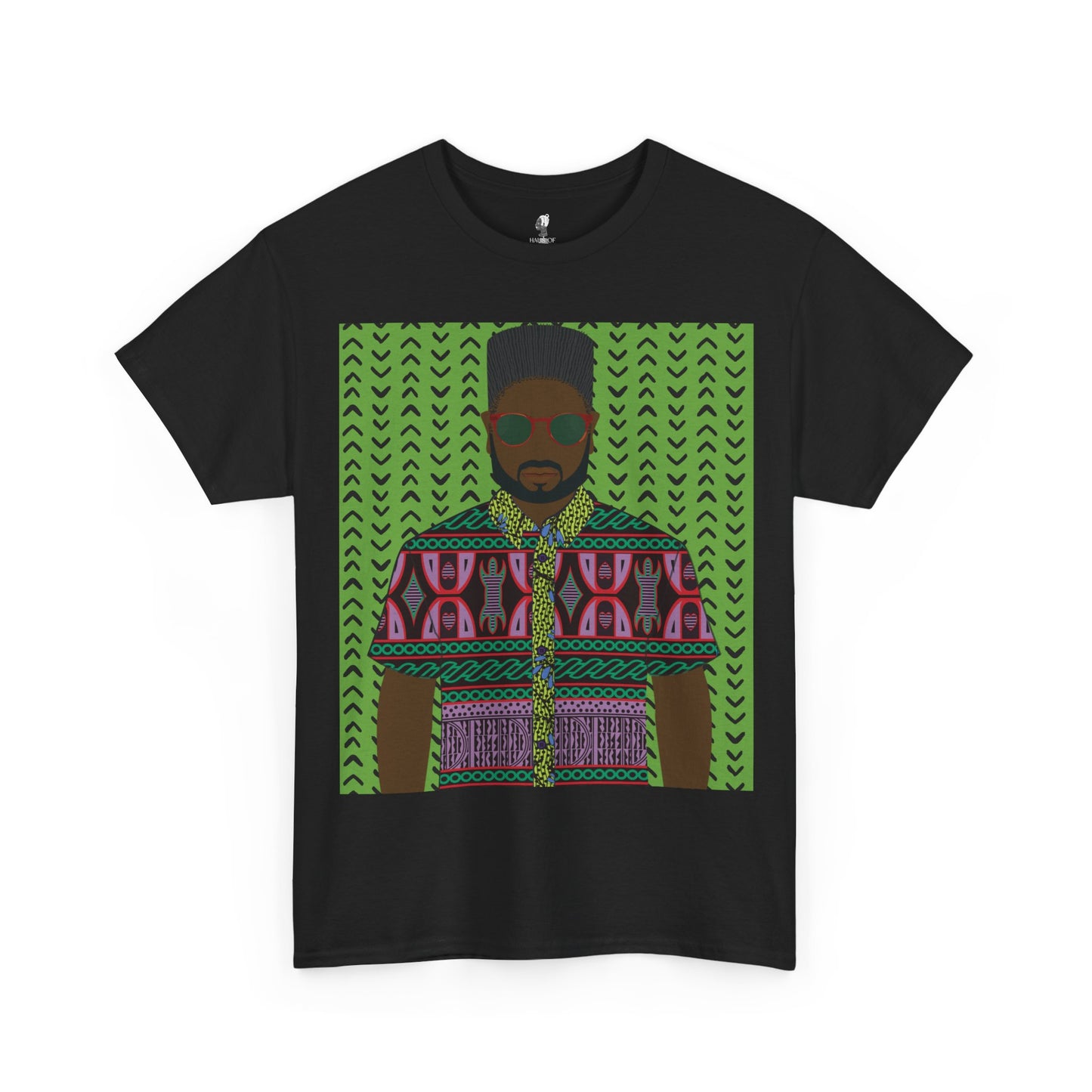 Phillipe(Chocolate) in Purple Toghu on Green Mudcloth Unisex Heavy Cotton Tee