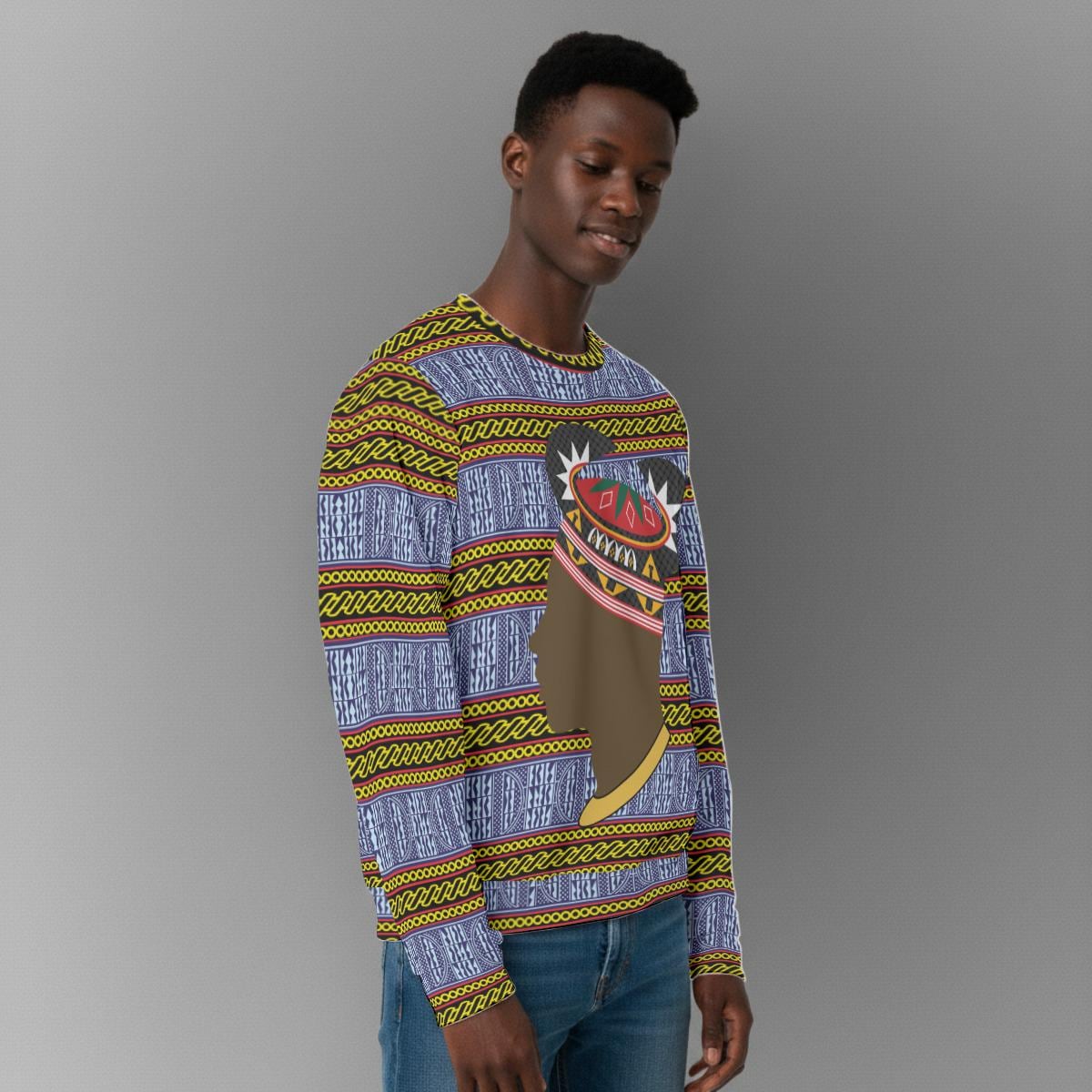 Ndop Print Sweatshirt: Bamileke Man in Horn Hat, Unisex Scuba Fabric