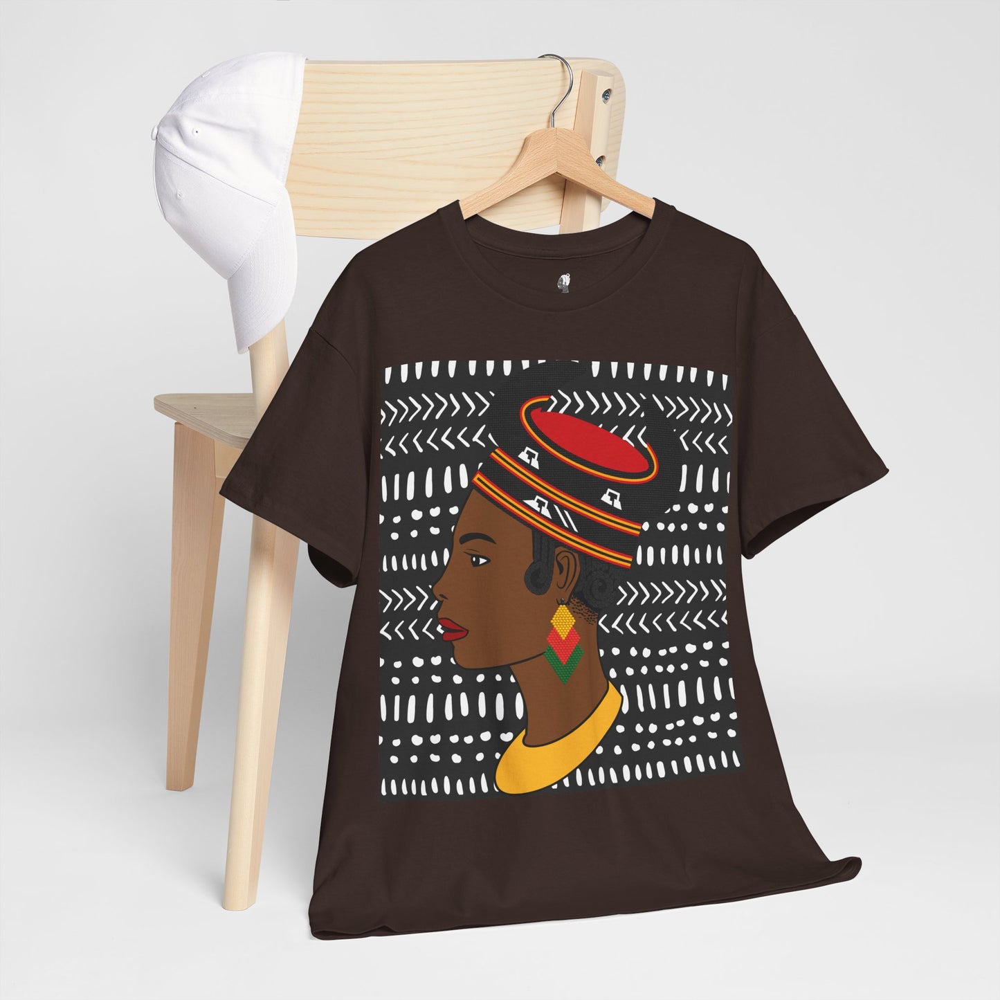 African Lady in Bamenda Bamileke Hat Unisex Tee, Ethnic Mudcloth T-Shirt, Black Boho Shirt, Festival Clothing, Afrocentric Top