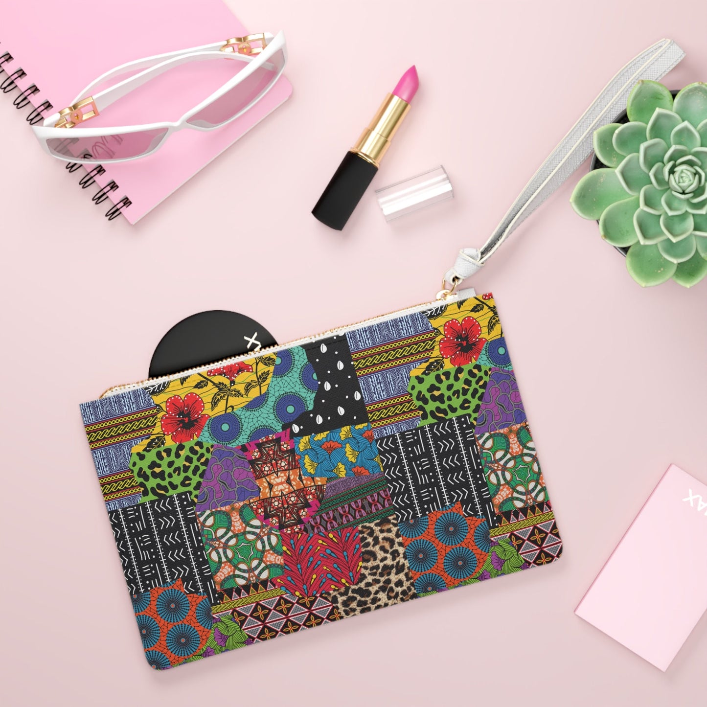 Ankara Print Vegan Leather Wristlet Clutch: African Patchwork Loop Handle