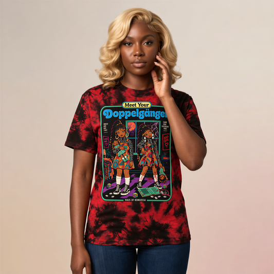 A woman with blonde hair wearing a red and black tie-dye t-shirt with a graphic design featuring two cartoon girls.