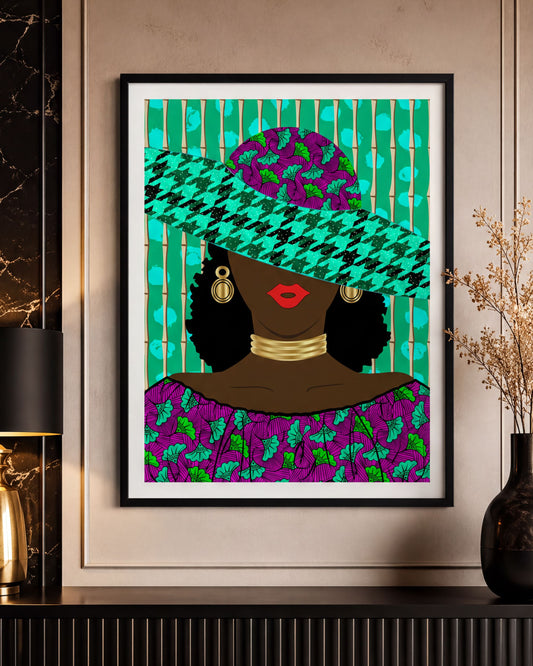 a framed artwork depicting a woman wearing a large, colorful hat with a floral pattern.