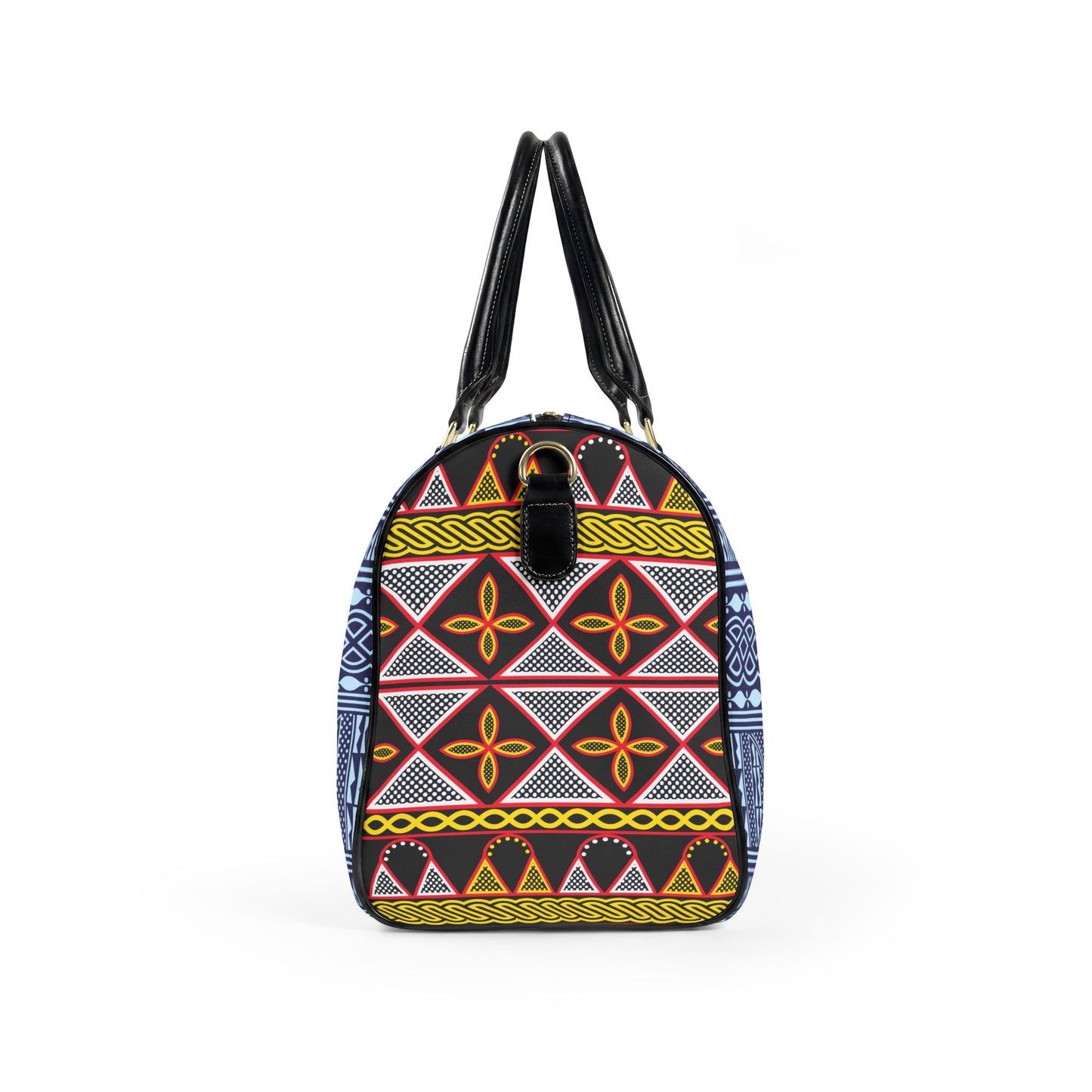 NEW Vegan Leather Travel Bag, Blue Ndop with Yellow Toghu Sides print