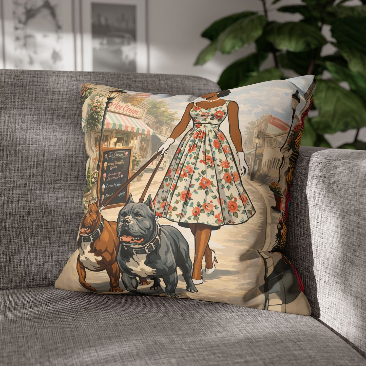 Faux Suede Pillow Case, Strut, Scoops & Pups, Square Throw Cushion, 1950s Home Decor, Living Room Accent, Bedroom Accessory