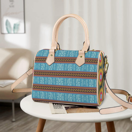African Ndop Print Boston Bag - Vegan Leather Satchel Handbag with Strap