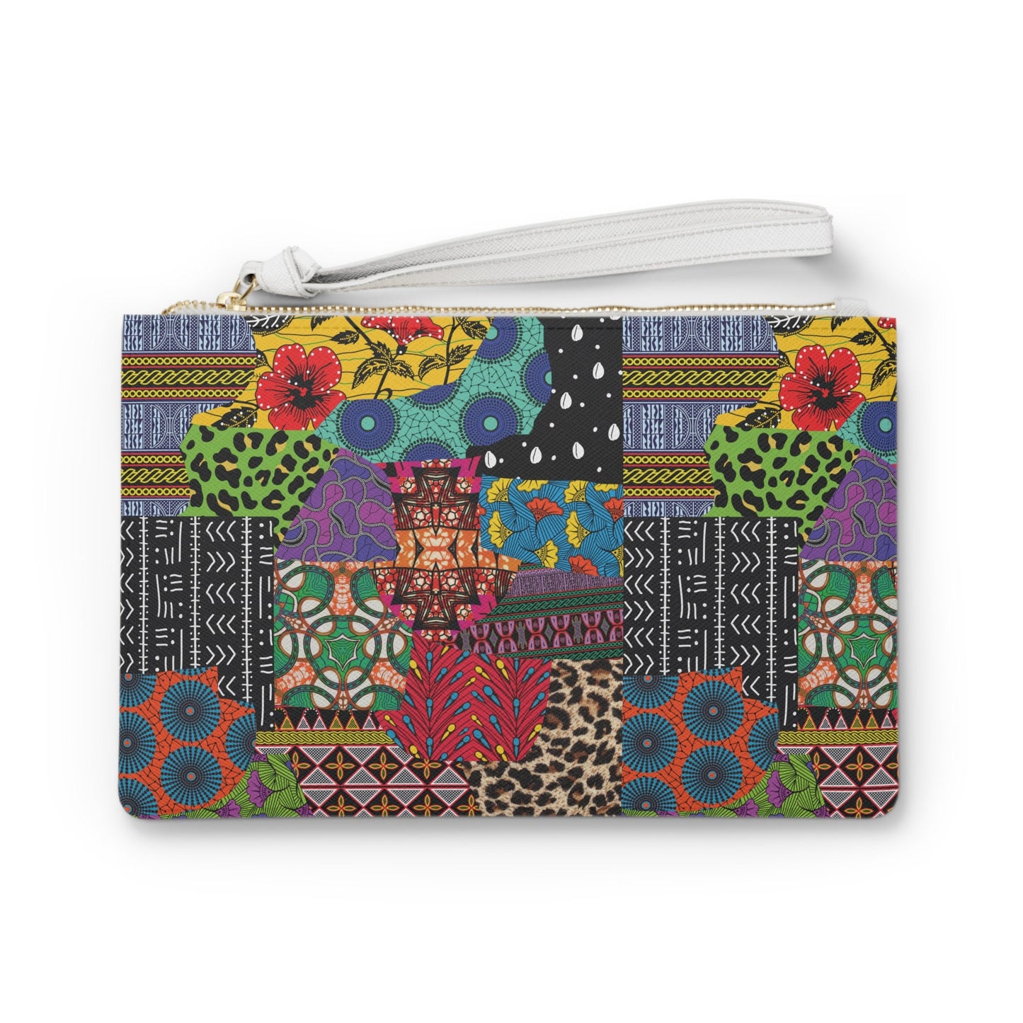 Ankara Print Vegan Leather Wristlet Clutch: African Patchwork Loop Handle