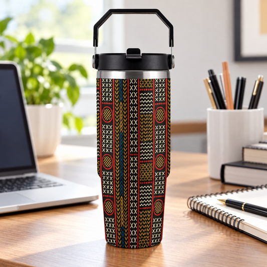 A colorful patterned thermos with a black handle sits on a wooden desk, surrounded by office supplies and a laptop.