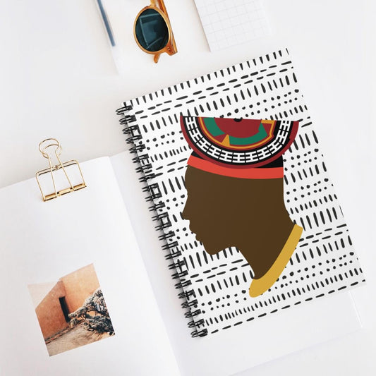 Man in Bamenda Hat on White Mudcloth - Front Cover Print - Spiral Notebook - Ruled Line