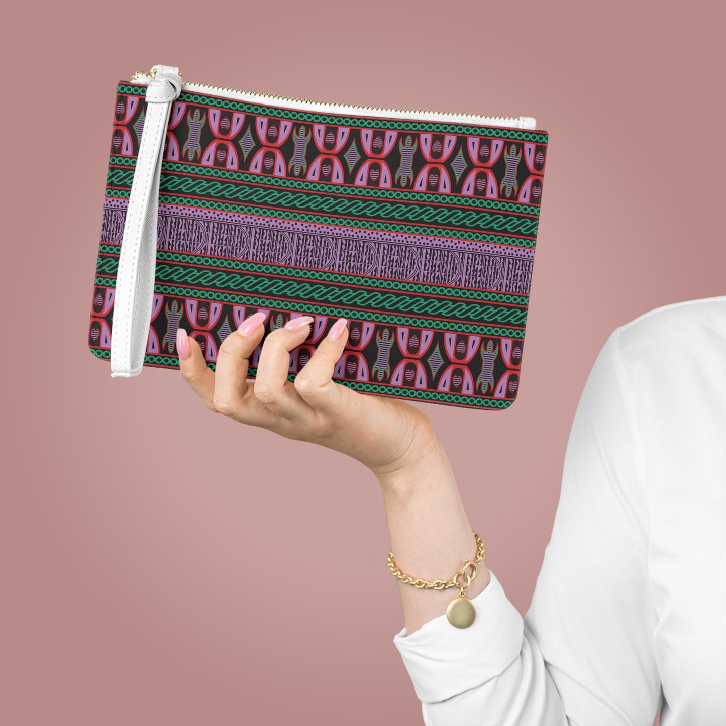 Vegan Leather Wristlet Clutch: Purple Toghu African Print Cowrie Bag