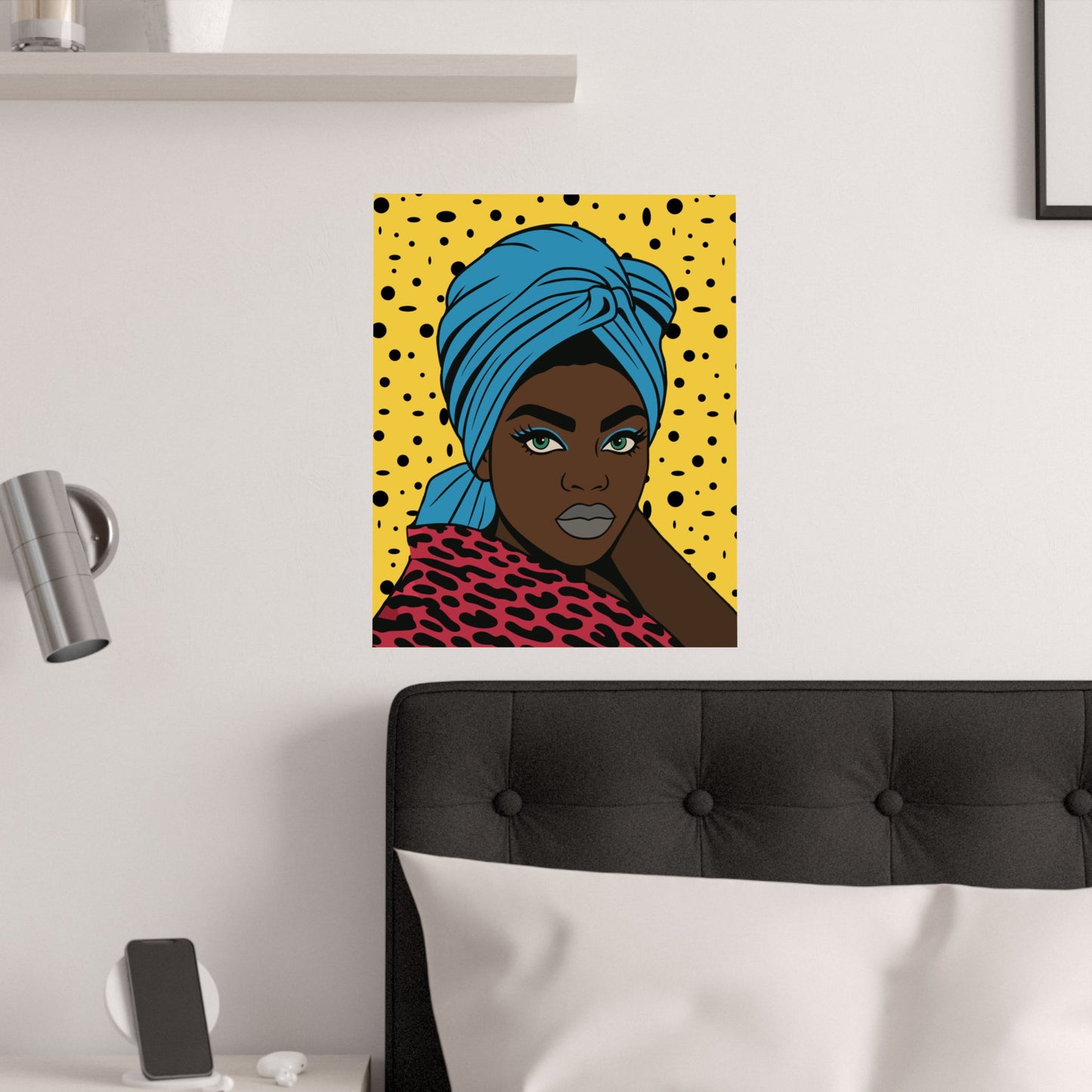Turbanique Black Girl Wall Art, Satin Poster, Leopard Robe and Blue Turban Satin Poster, Modern Boho Home Decor