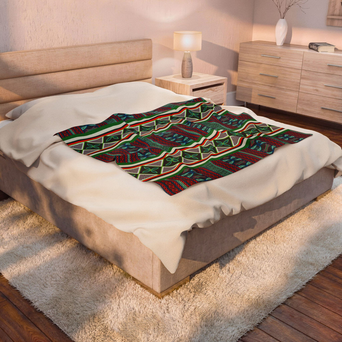 Aqua Red Toghu with Strip Velveteen Plush Blanket