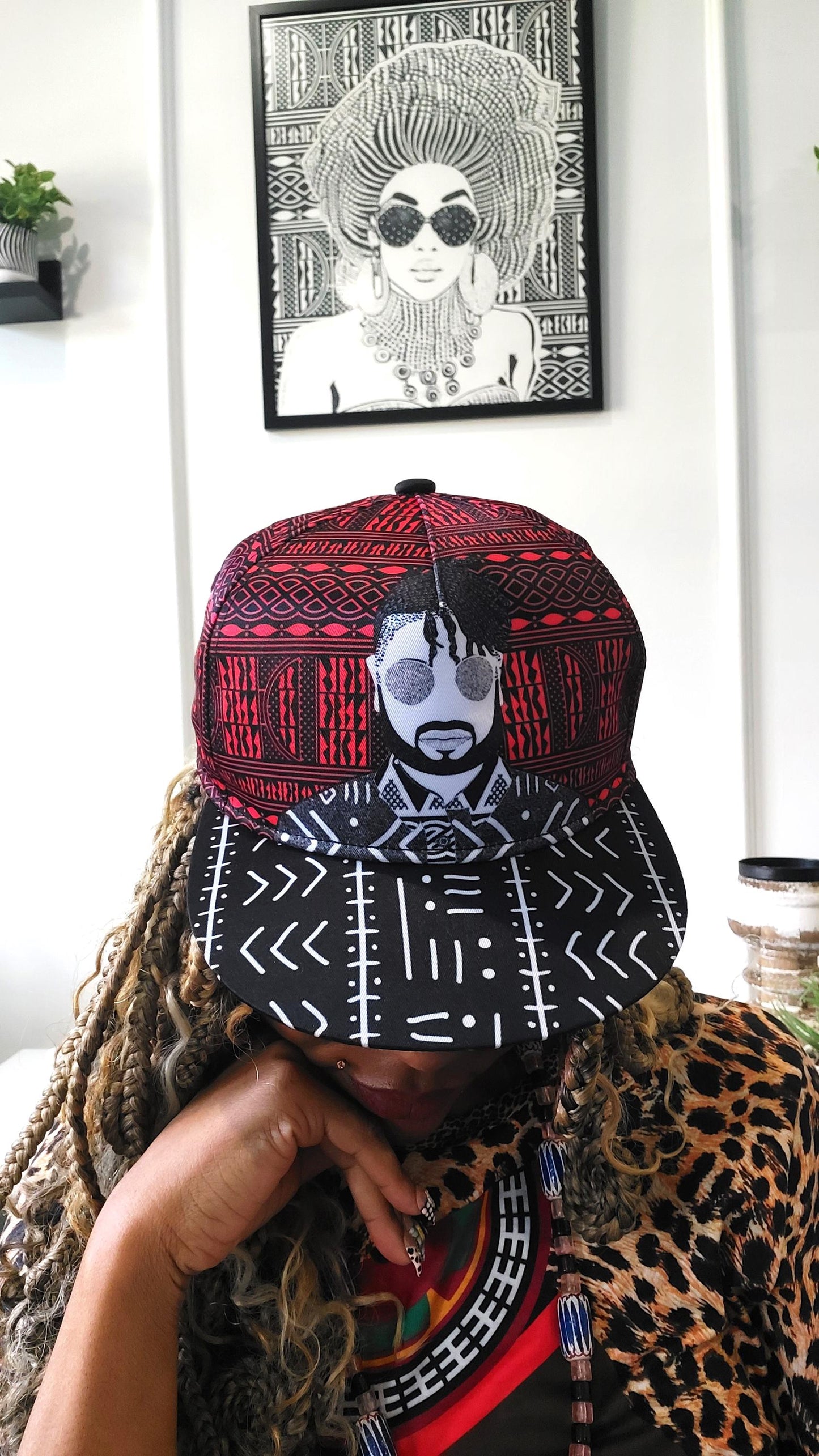 African Print Snapback Hat: Red Ndop & Mudcloth Flat Brim