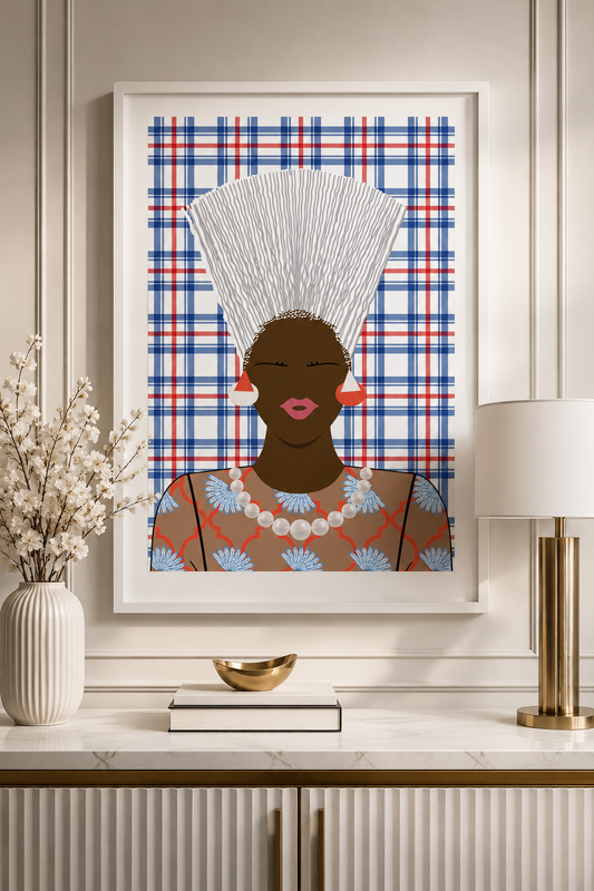 a framed artwork of a woman with a white headdress, wearing a colorful floral dress, displayed on a wall above a white cabinet.