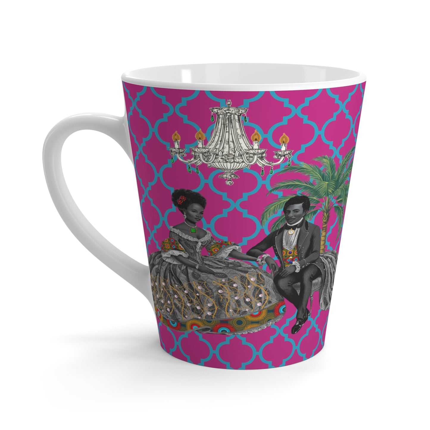Toile Aristocrat Couple on Argyle Ceramic Coffee Latte Mug, 12oz - Unique Tea Cup, Vintage French Style, Gift for Tea Lovers, Retro