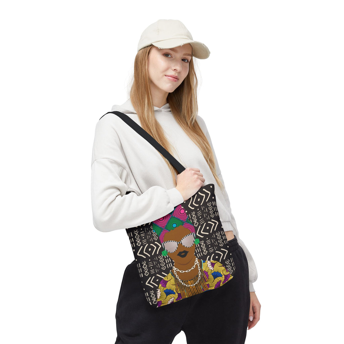 Sabi two sided Canvas Tote Bag | African Print Portrait Tote, Mudcloth and Headwrap Pattern