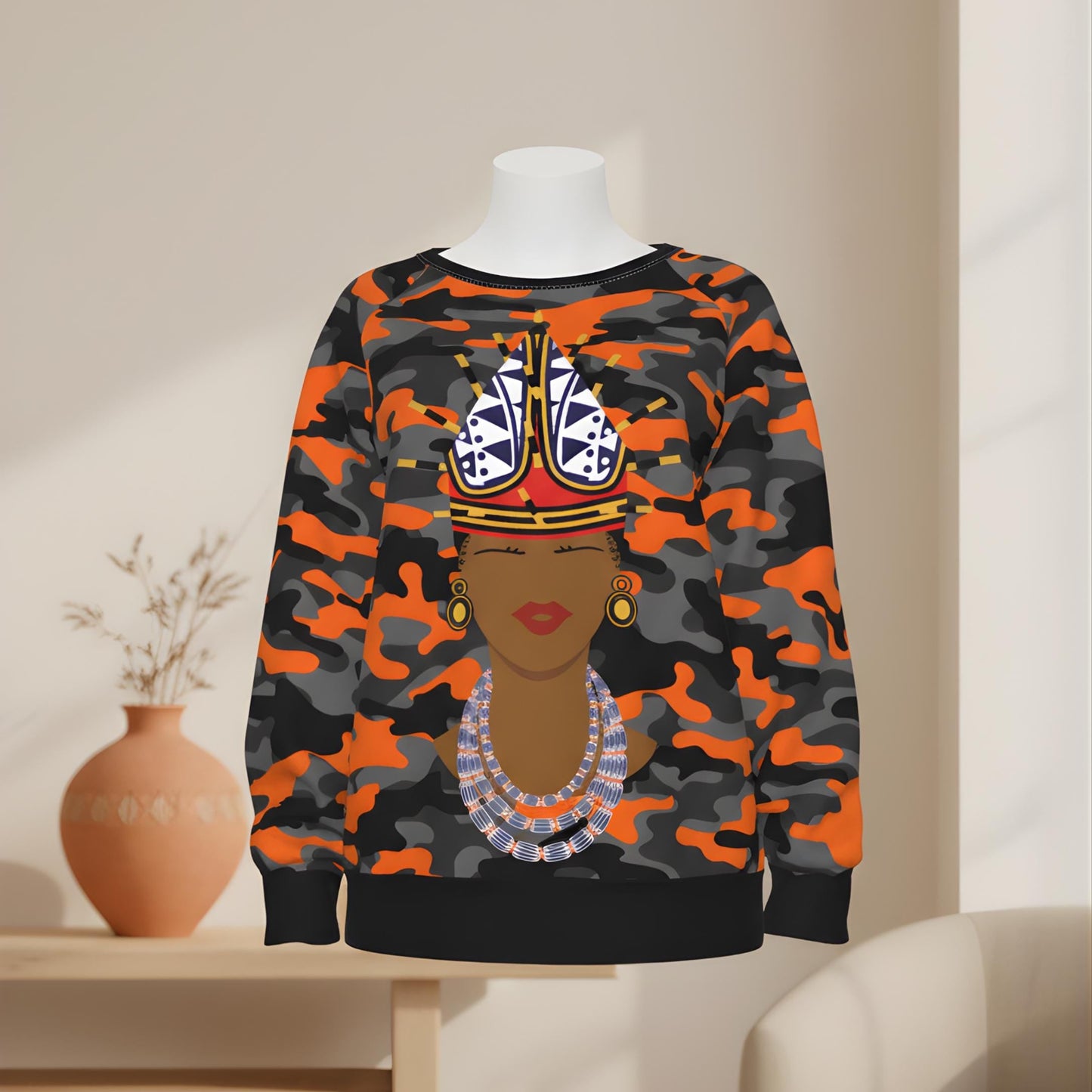Spiky Bamenda Hat on Camo All-Over Print Women's Raglan Sleeve Sweatshirt