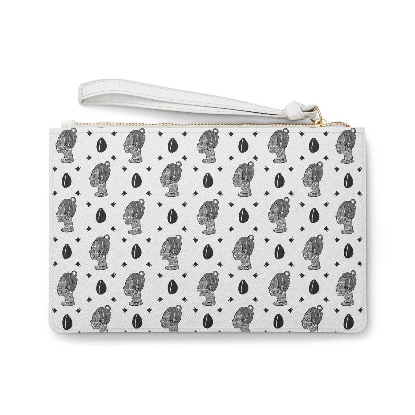 White Cowrie Wristlet Purse: Vegan Leather African Clutch