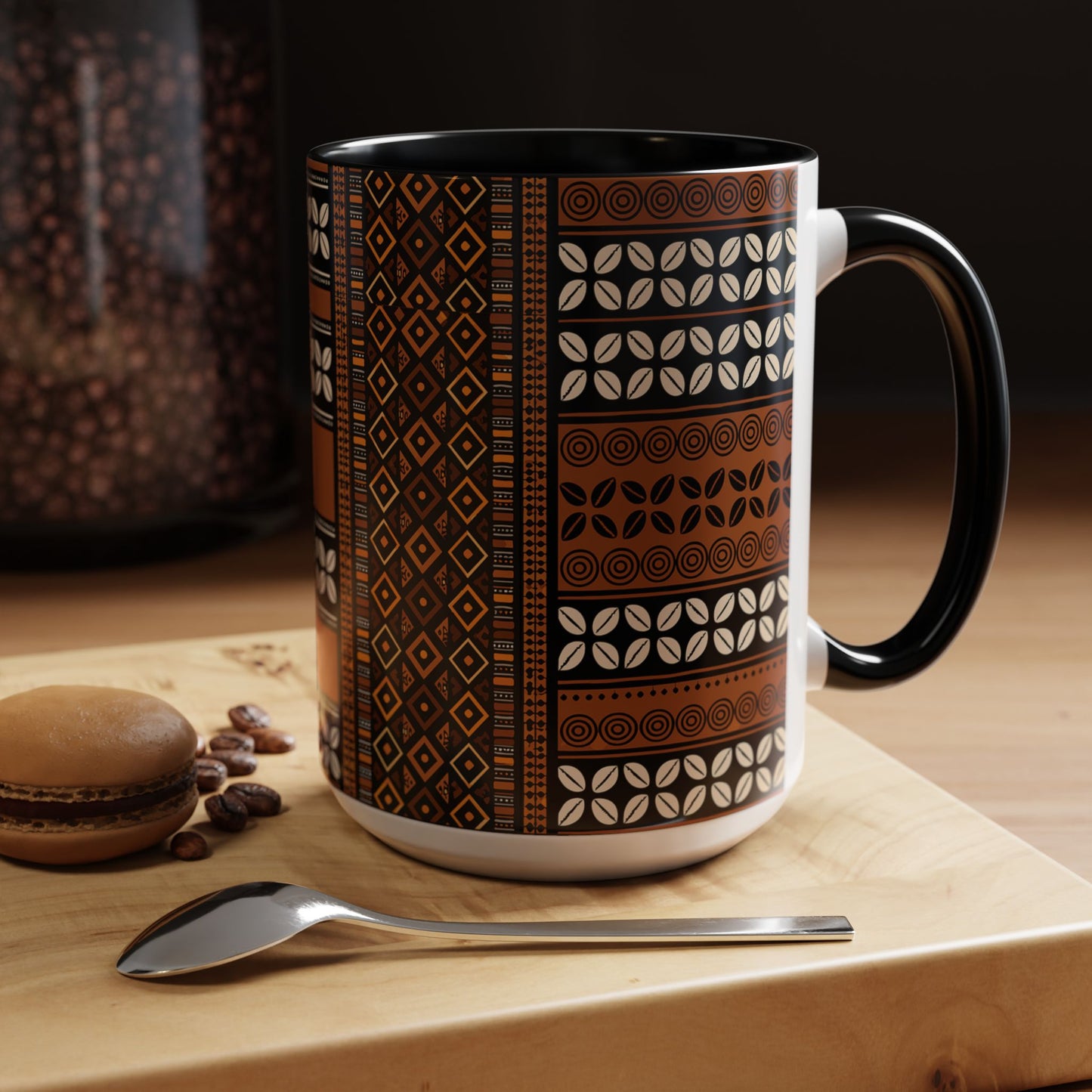 Mudcloth and Cowries Ceramic Coffee Mug (11, 15oz) in 4 Colors, 2 Sizes, Unique African Print Design