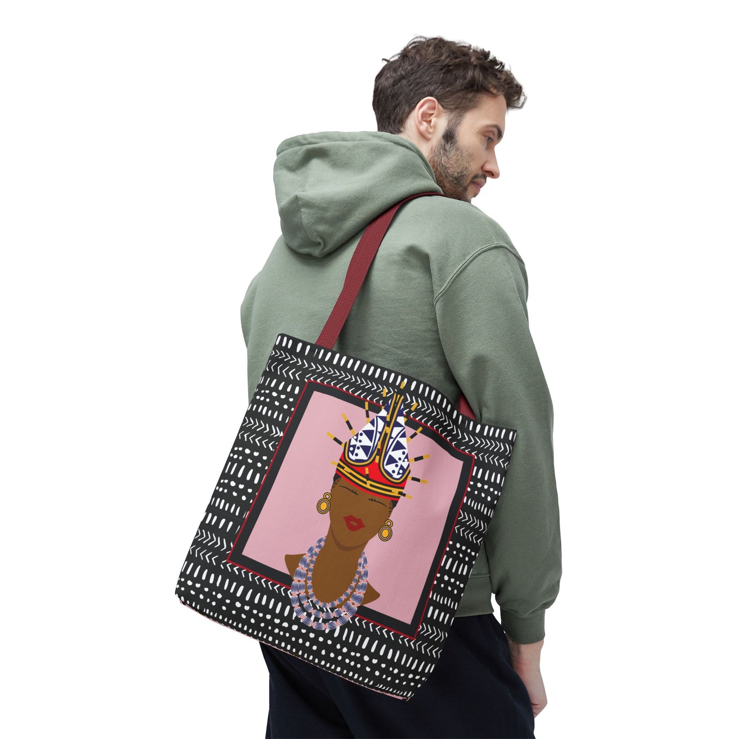 African Inspired Spiky Hat Bamileke Bamenda Girl on Pink and Mudcloth AOP Tote Bag, Ethnic Shoulder Bag, Cultural Market Bag, Colorful