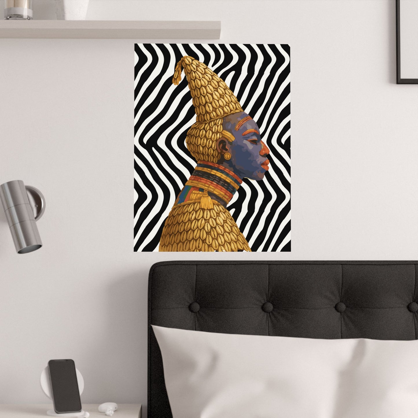 a poster of a woman with a colorful, stylized profile against a black and white striped background.