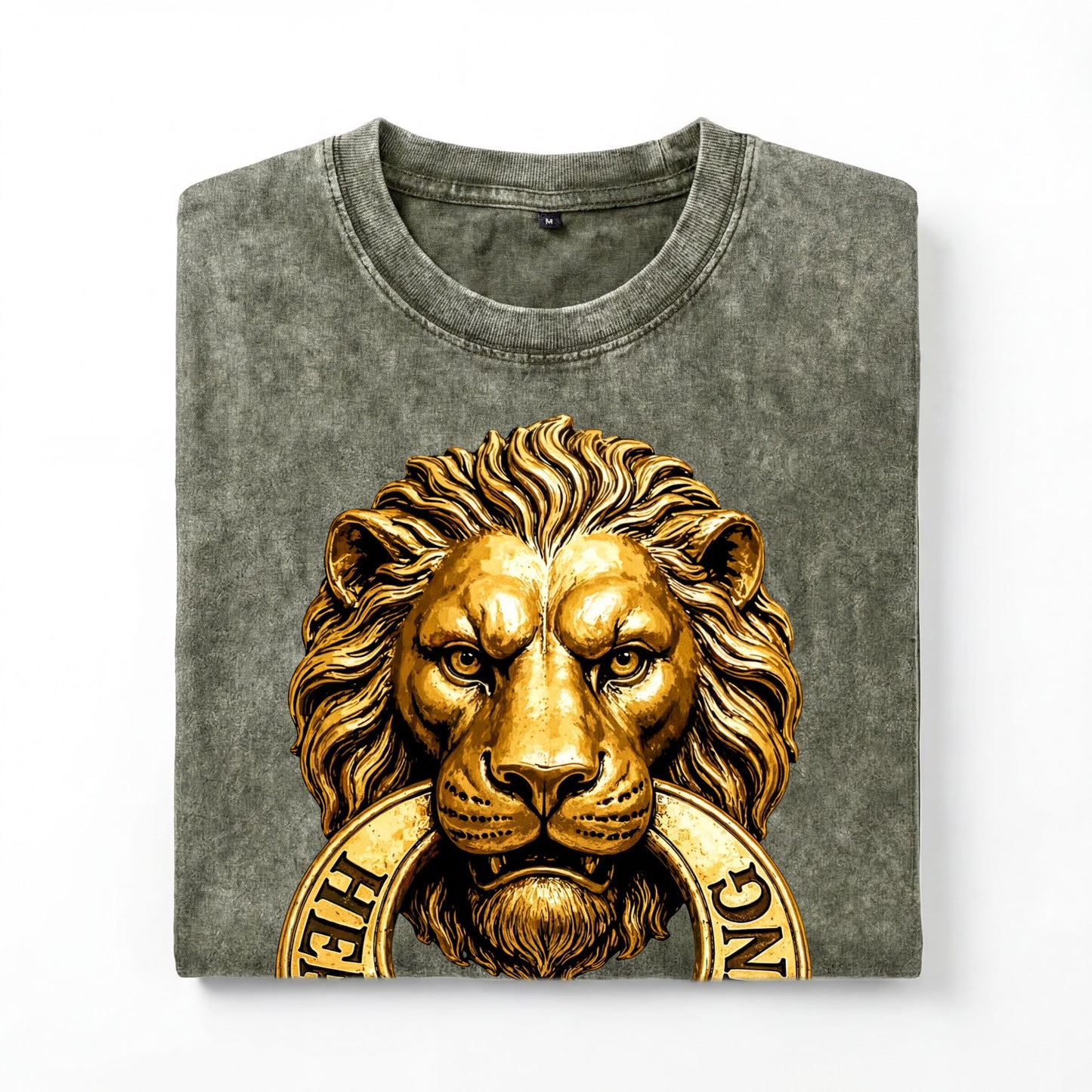 a t-shirt with a large golden lion's head design on it.